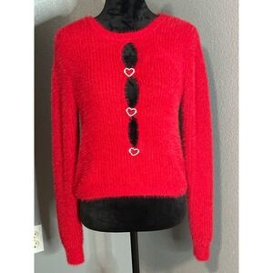 Madden Girl Red Fuzzy Sweater Large Heart Cutout Valentine Y2K Soft‎ Knit